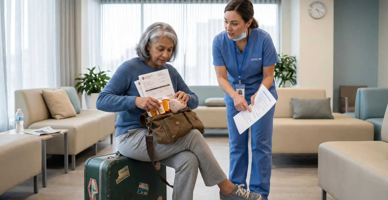 A patient packs medications and medical documents before leaving a clinic abroad.