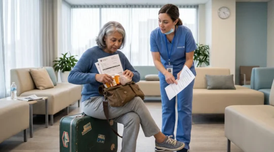 A patient packs medications and medical documents before leaving a clinic abroad.
