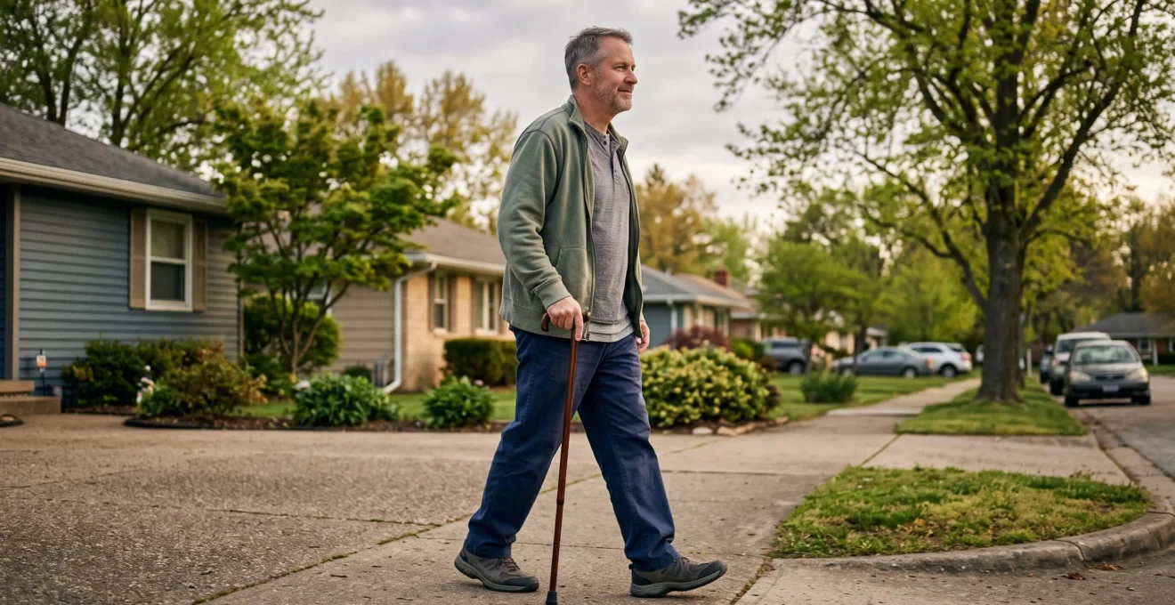 A recovering man walks calmly with a cane on a quiet residential path.