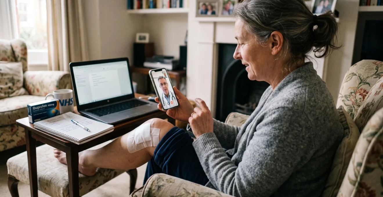 A woman shows her surgical dressing to a doctor during a video call at home.